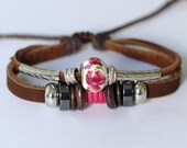 054 Handmade Brown leather bracelet Fashion jewelry Luck gift Love and friendship woman cuff Beaded bracelet