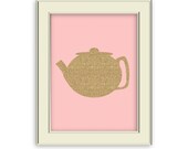 Tea Pot Kitchen Art- Burlap pattern, Mini Pink Polka Dot, Tea Pot Art