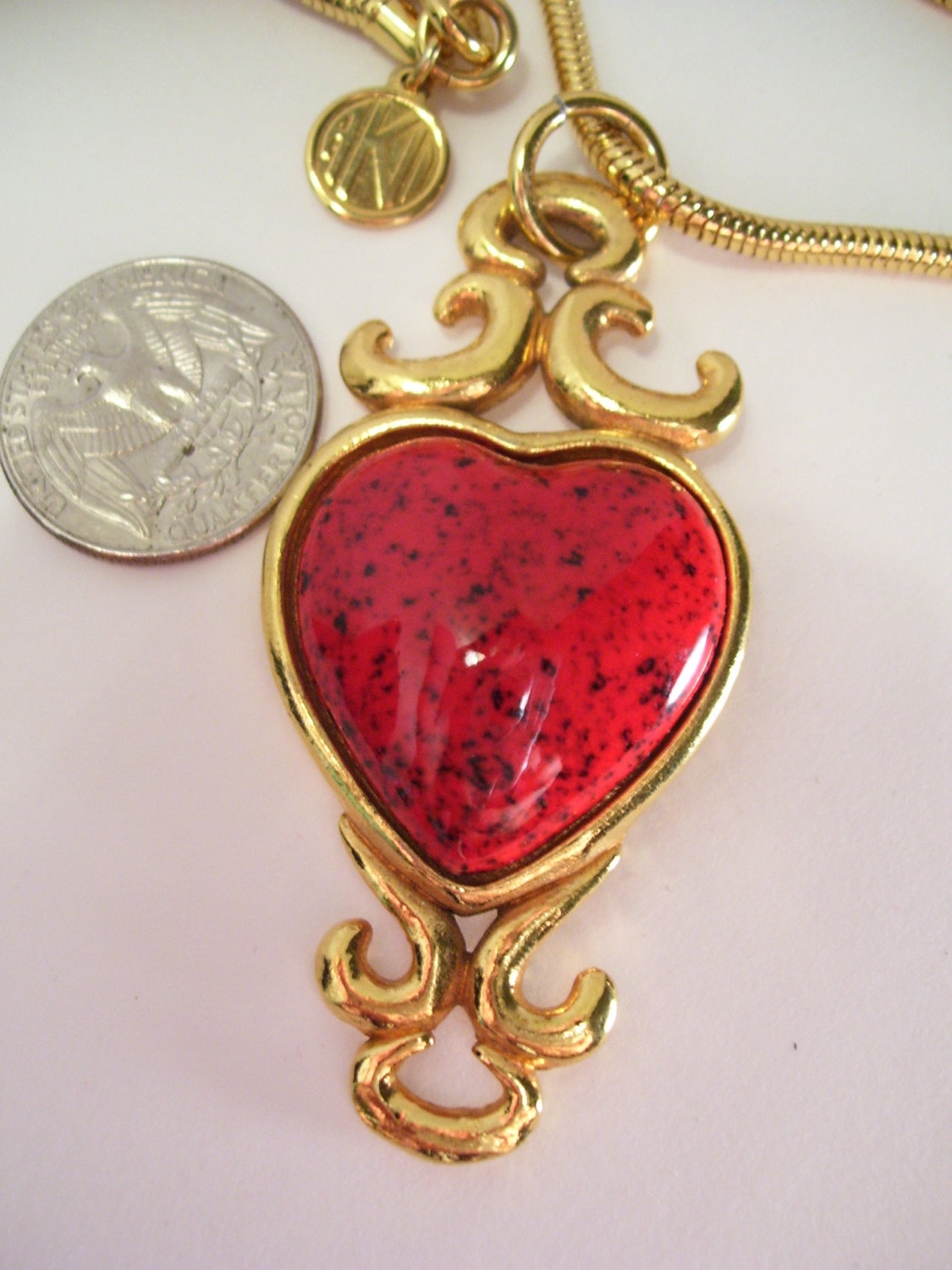 Anne Klein Valentine Red Heart Necklace Scroll Setting Long Snake Chain Signed - cachecastle