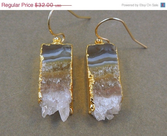 Memorial Day Sale Amethyst Slice Druzy Earrings edged in 24k gold