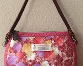 Quilted Flower Misty Pink Bag Purse 100% Cotton and Japanese Fabric with Leather Handle