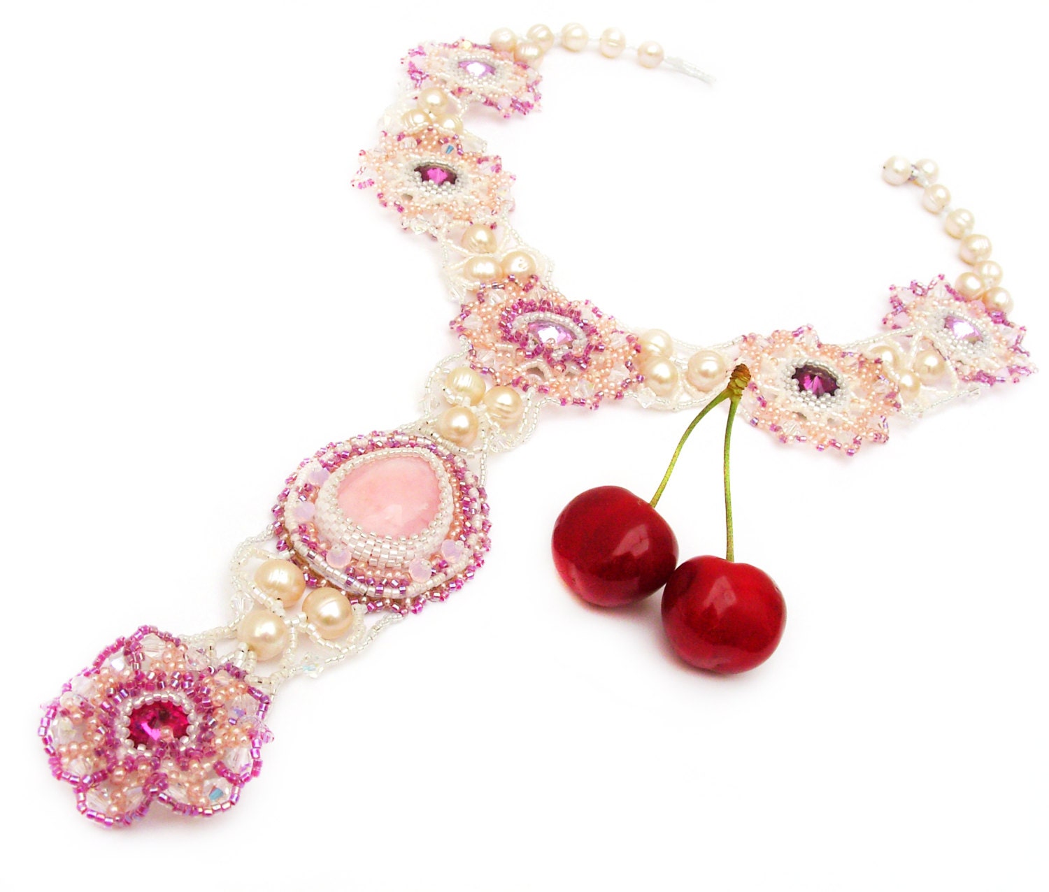 Bead embroidery, beadwork necklace, choker, statement, bib, lace, pearls, quartz, Swarovski, white, rose.