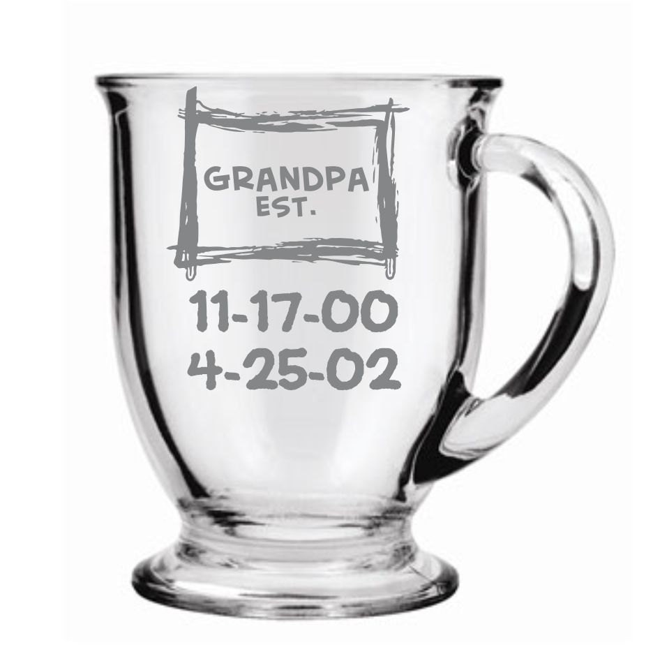 Grandpa Established Coffee Mug with Grandkids Birthdates Sand Carved (etched)
