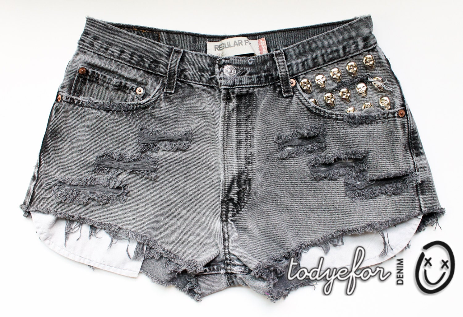 Grey High Waisted Denim Shorts Studded Levis Cutoffs Skull Studs Destroyed Jean Shorts
