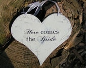 Double Sided HERE COMES The BRIDE Flower Girl Shabby Wedding Signs Large Heart 12 x 13