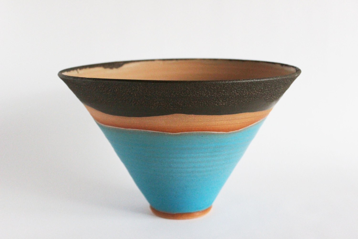 Decorative landscape bowl, turquoise vessel, aqua and brown crackle pottery vase