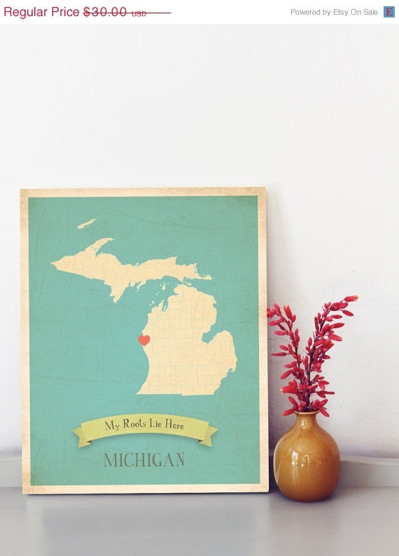 25% OFF SALE Michigan Roots Map 11x14 Customized Print