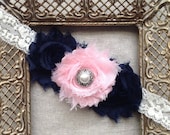 Pink Navy Blue Headband Baby Girls Hair Piece Light Pink Baby Pink Toddler Lace Pearl Newborn Photo Prop Headband Shabby Chic