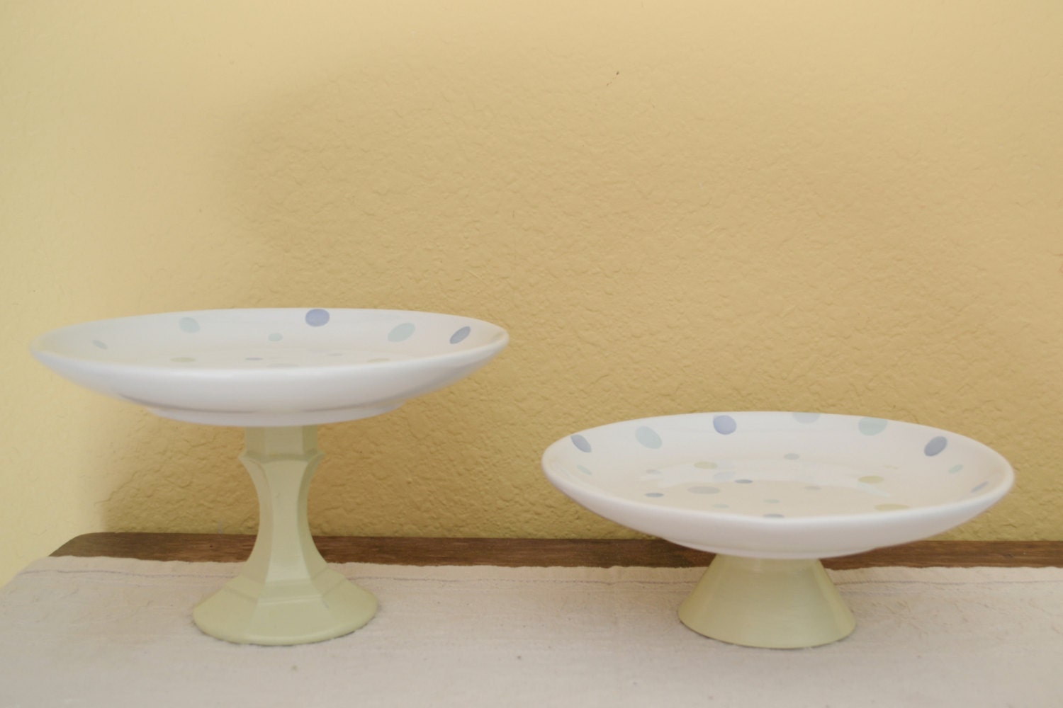 Upcycled Cake Stand 7 inch green and blue dots - set of 2 OOAK - ready to ship