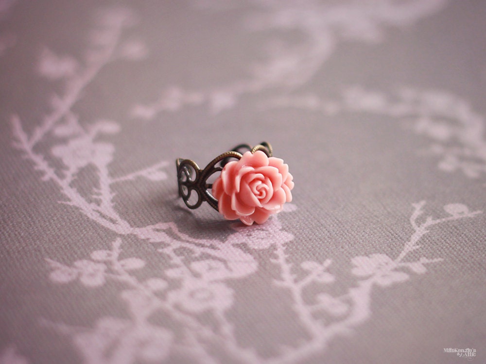 Coral rose ring - pastel adjustable filigree resin lucite cabochon bridesmaid gifts for her cottage chic vintage victorian style jewelry