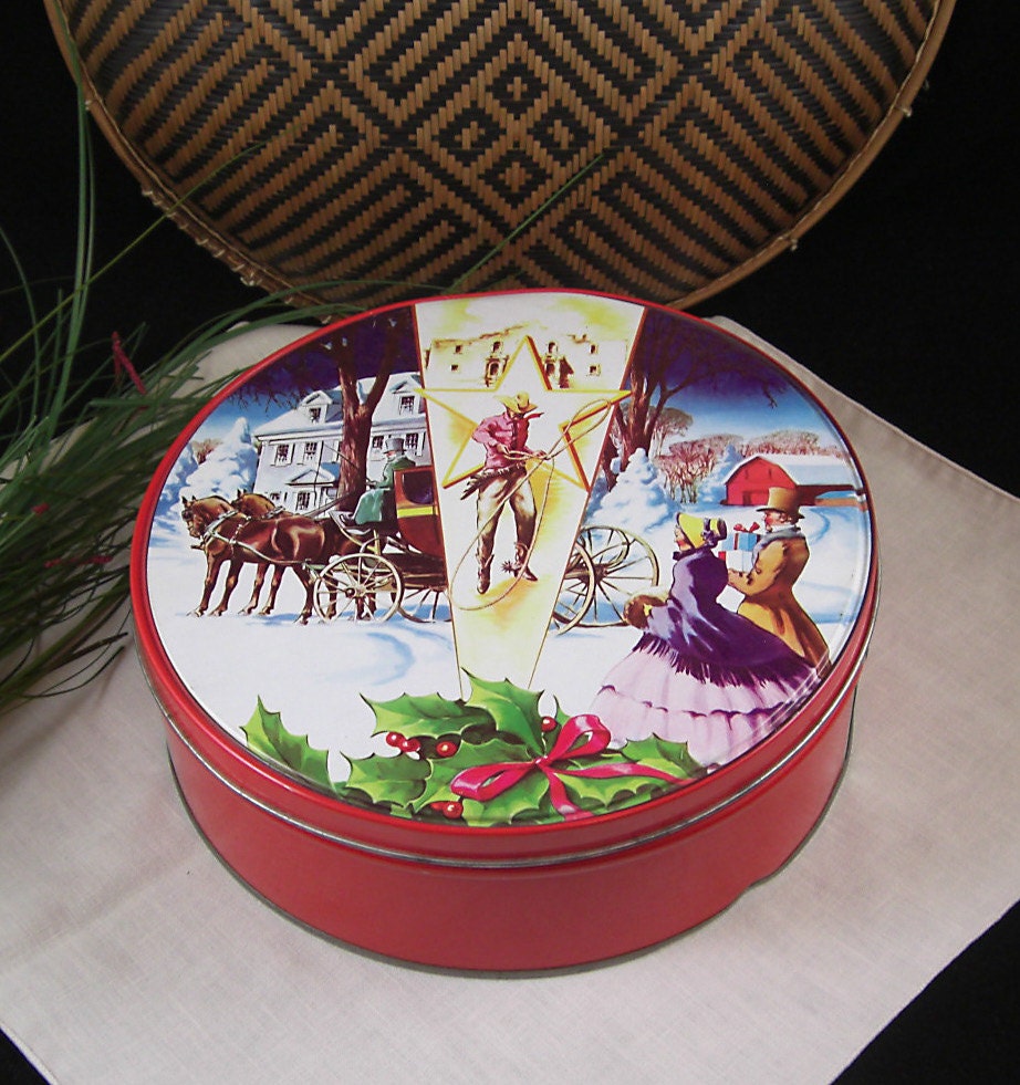 Large Vintage Round Cake Tin / Canister / Collin Street Bakery / Litho Holiday Pattern