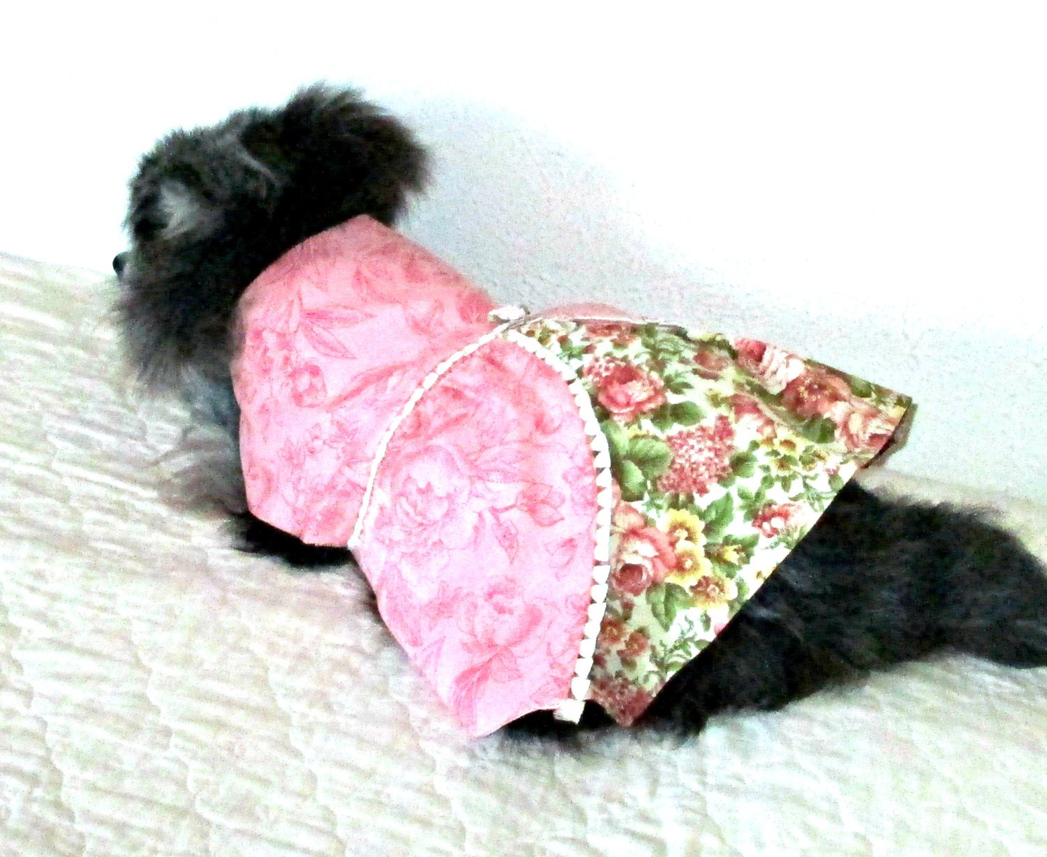 Little Dog's Dress Cotton for Toy Poodle Etc. - Rose Print Bodice and Panels w/Flower-Printed Underskirt - Made to Order