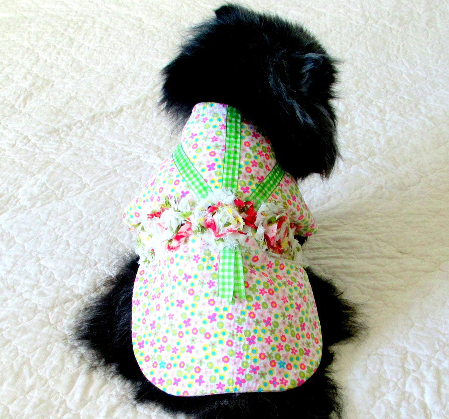 Corduroy Little Canine's Dress - Pinwale Made to Order White, Green and Pink Floral Print w/Shabby Chic Rose and Gingham Trim