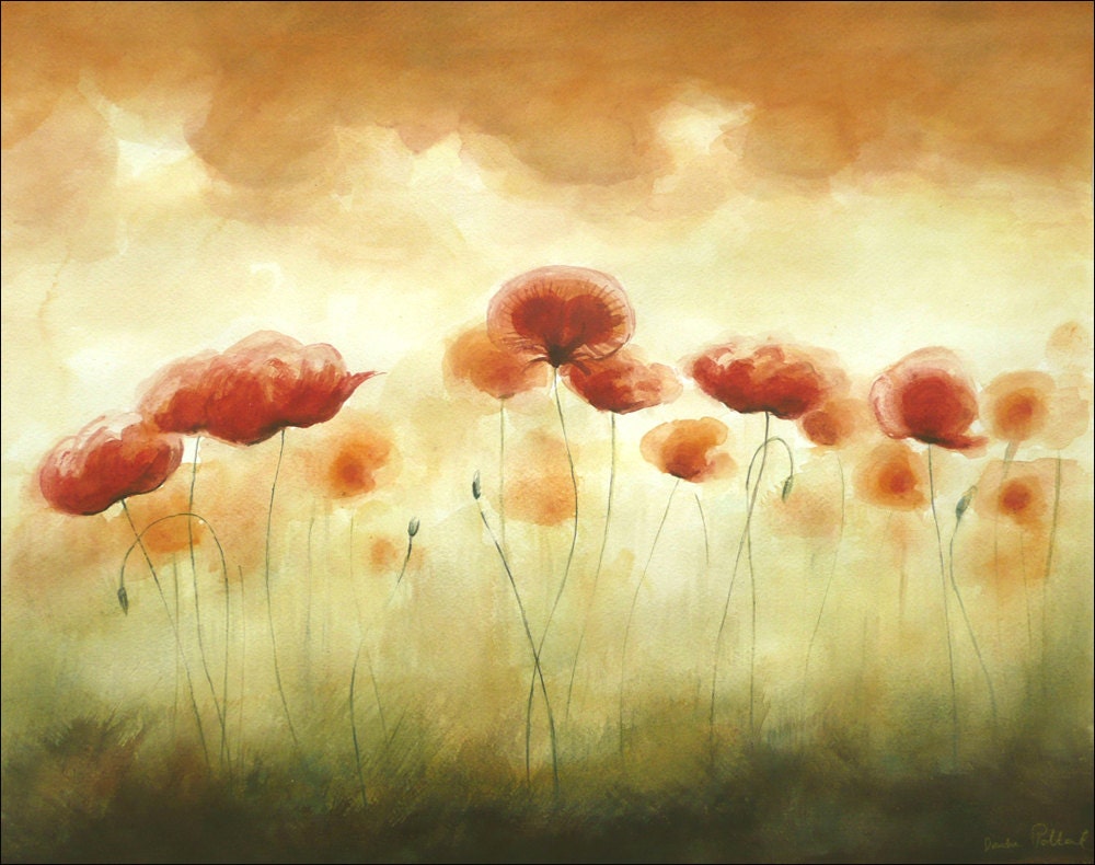 Huge Original Watercolor Painting, Song of  Red Poppies, Poppy Art, Big Painting, 16 x 20 inches, Warm Tones - ARTDORA