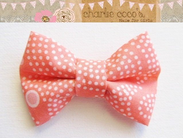 Girls/Baby Fabric Hair Bow Clip, Fabric Polka Dot Hair Bow Clip, Coral Pink and White Polka Dot Hair Bow-"Bubblegum"
