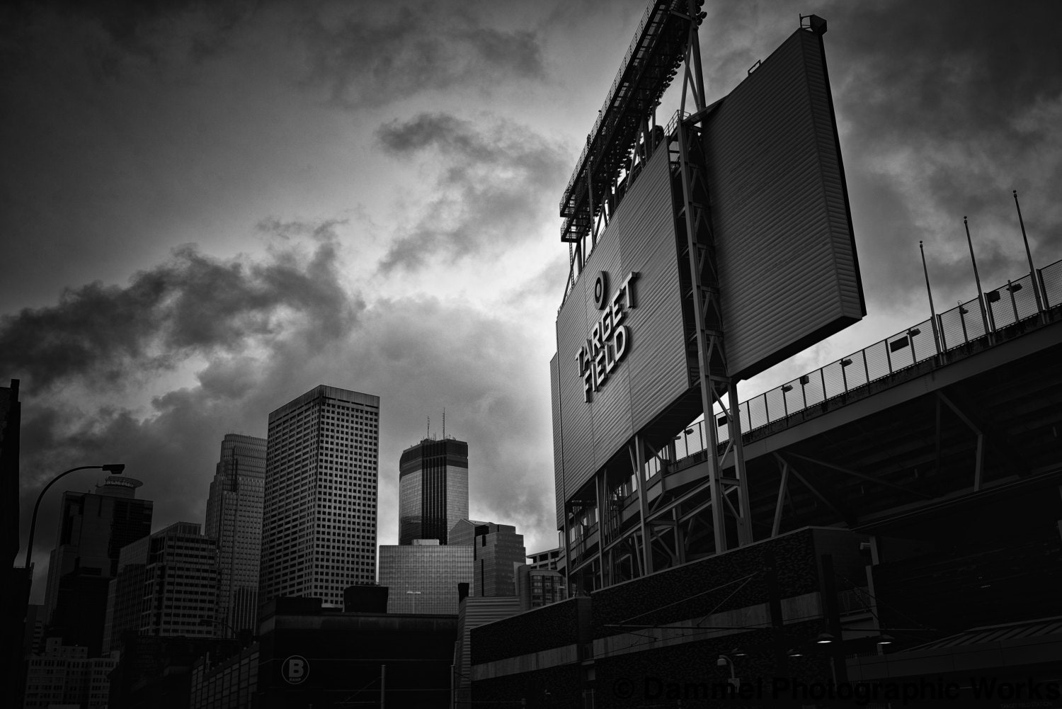 Target Field and the Minneapolis Skyline 12x18" Fine Art Black and White Photographic Print