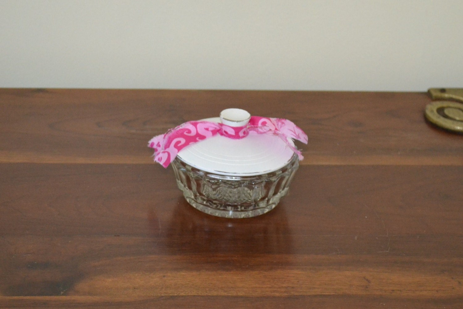 Shabby Chic Glass Bowl with Lid White Pink Upcycle Recycle