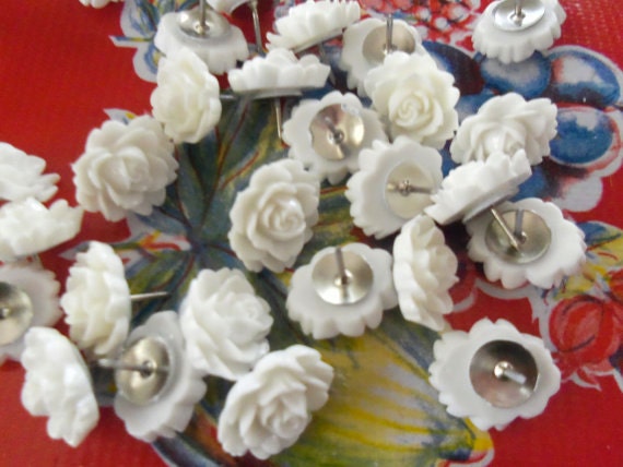 White Cabbage Rose 18mm resin flower cabochon push pin thumb tacks