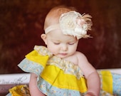 Ivory Peacock Feather Satin Flower Headband  -Baby flower headband- Newborn headband- Infant headband- Toddler headband
