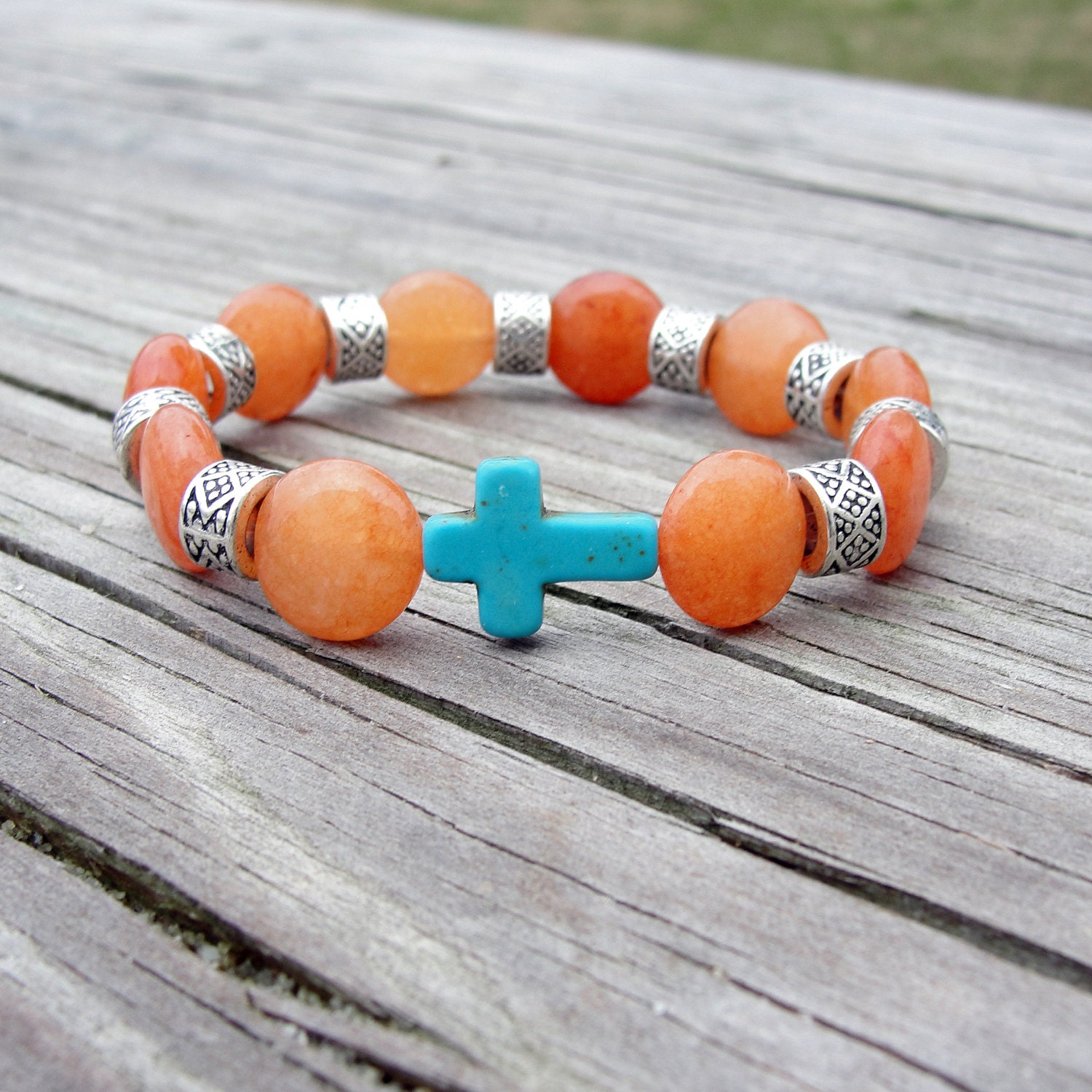 Orange Agate and White Beaded Cross Stretch Bracelet  - Stackable Bead Bracelet - Christian, Teachers, Birthdays, Gifts