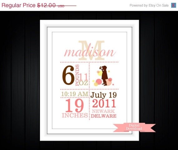 SALE Baby Girl Birth Announcement Printable in Colors PDF