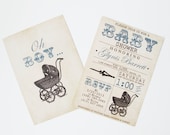 Vintage Stroller Baby Boy Shower Invite - Blue, Brown, Tan, Rustic, Grungy, Antique Pram Baby Stroller