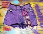 1990s Vintage Grunge Purple High Waisted Tribal Dream Catcher Denim Shorts