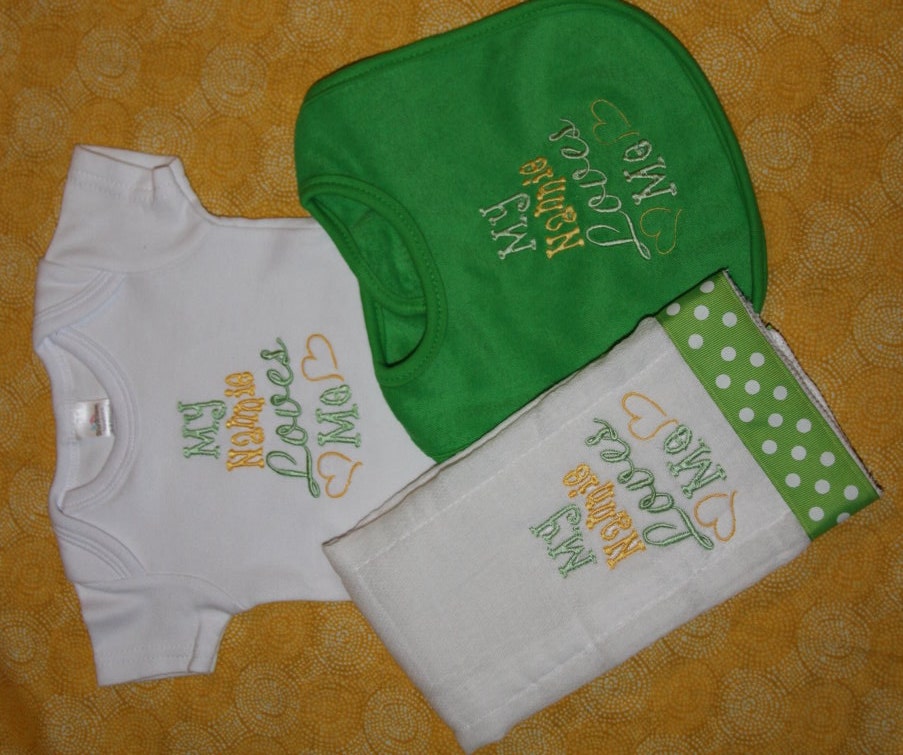 My Nannie Loves Me Embroidered onesie, burp cloth and bib set in yellow and green