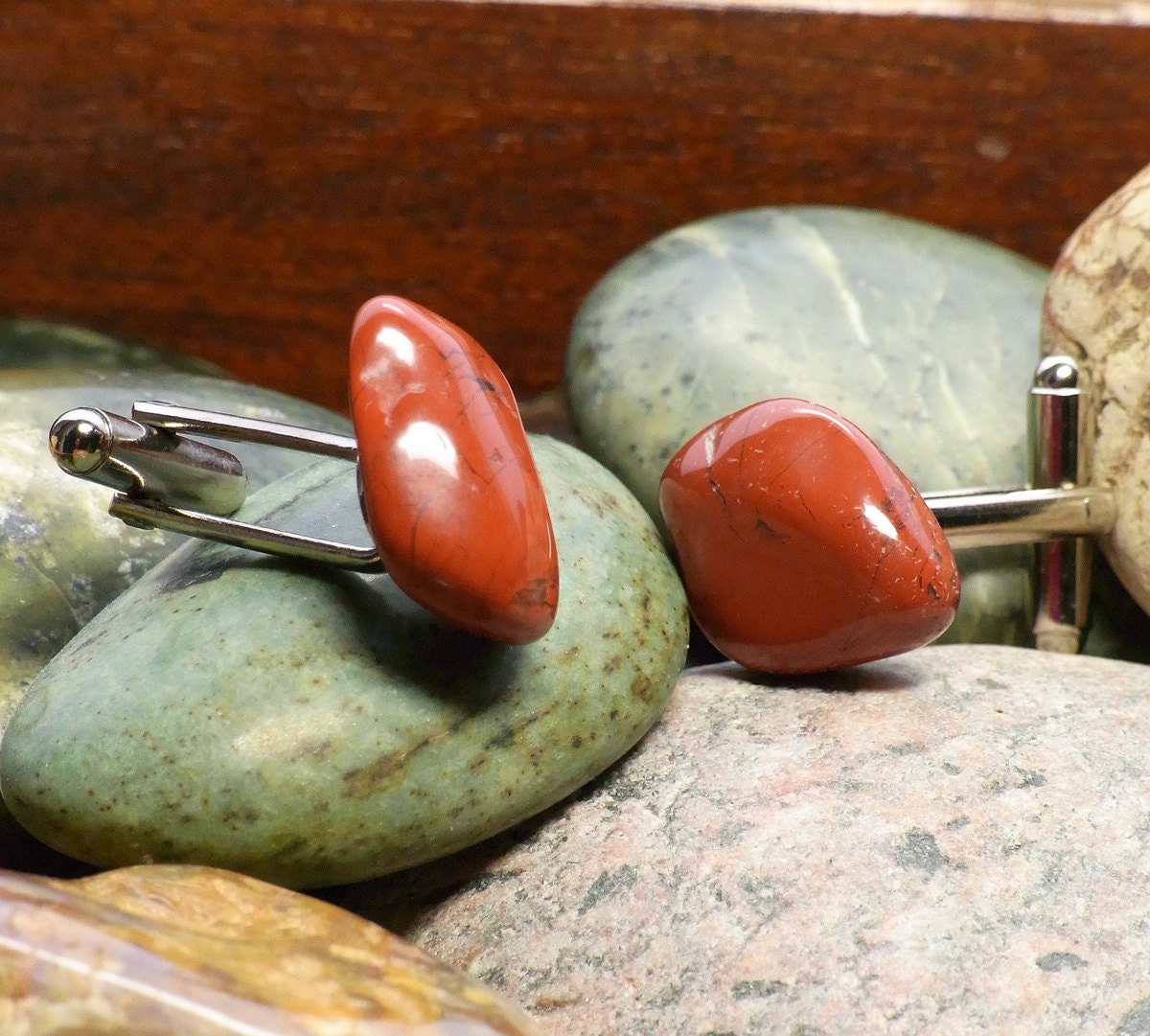 Red Jasper Semi Precious Stone Cufflinks, Gifts under 10 pounds