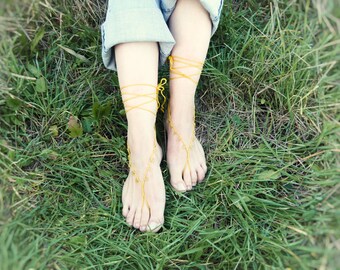 Wedding Barefoot sandals. Yellow beaded crochet barefoot sandles, Sexy foot jewelry, beach fashion, nude shoes, yoga, bellydance