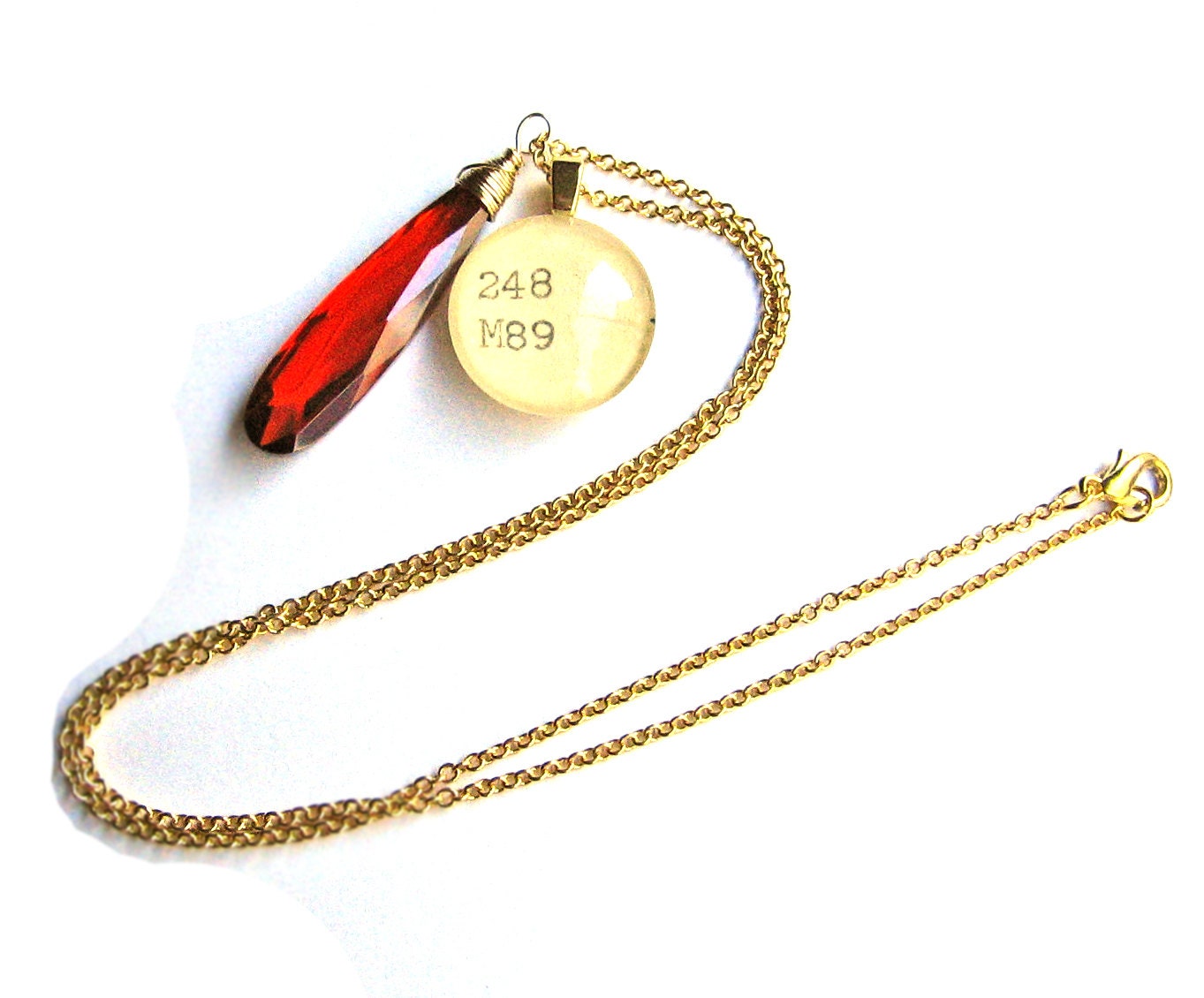 22K Gold and Red Orange Crystal Dewey Decimal Vintage Card Catalog OOAK Necklace Faceted Drop by The Written Nerd