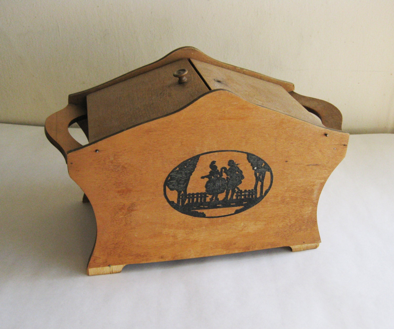 Sweet Vintage Wood Sewing Box with Shelf, Silhouette on Both Sides