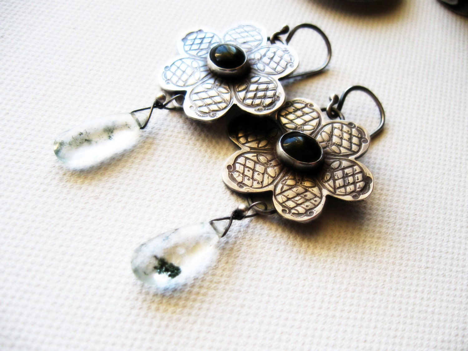 Tourmaline Earrings Sterling Silver Flower Dangle Fine Jewelry Mossy Green Phantom Quartz Gemstone Drop Metalsmith Natural Stone Briolettes