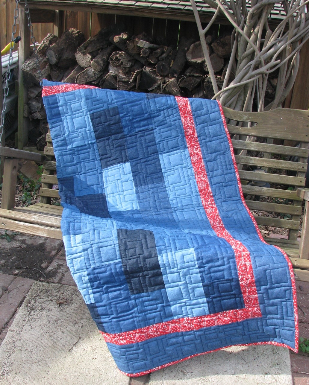 Denim and Bandana Lap Quilt - Sofa Quilt - Picnic Blanket - Quilted Throw