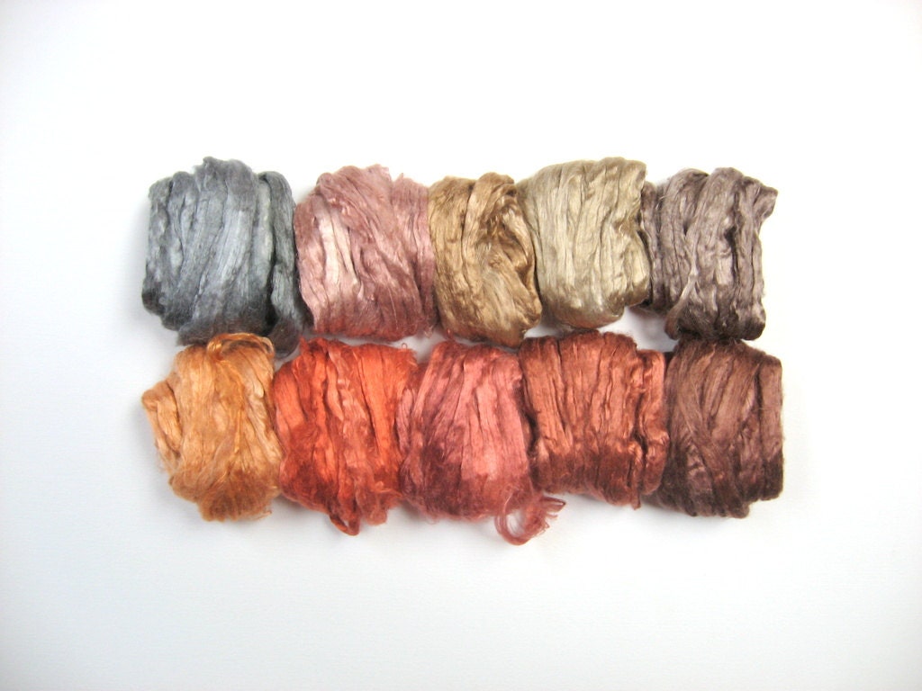 10 ASSORTED COLORS Mulberry Silk Fiber Top Roving 3.2oz (90g) EARTH pack