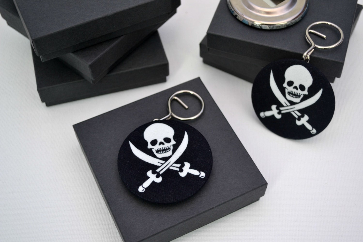 Bottle opener key ring, covered in skull and crossbones fabric - perfect for Father's Day