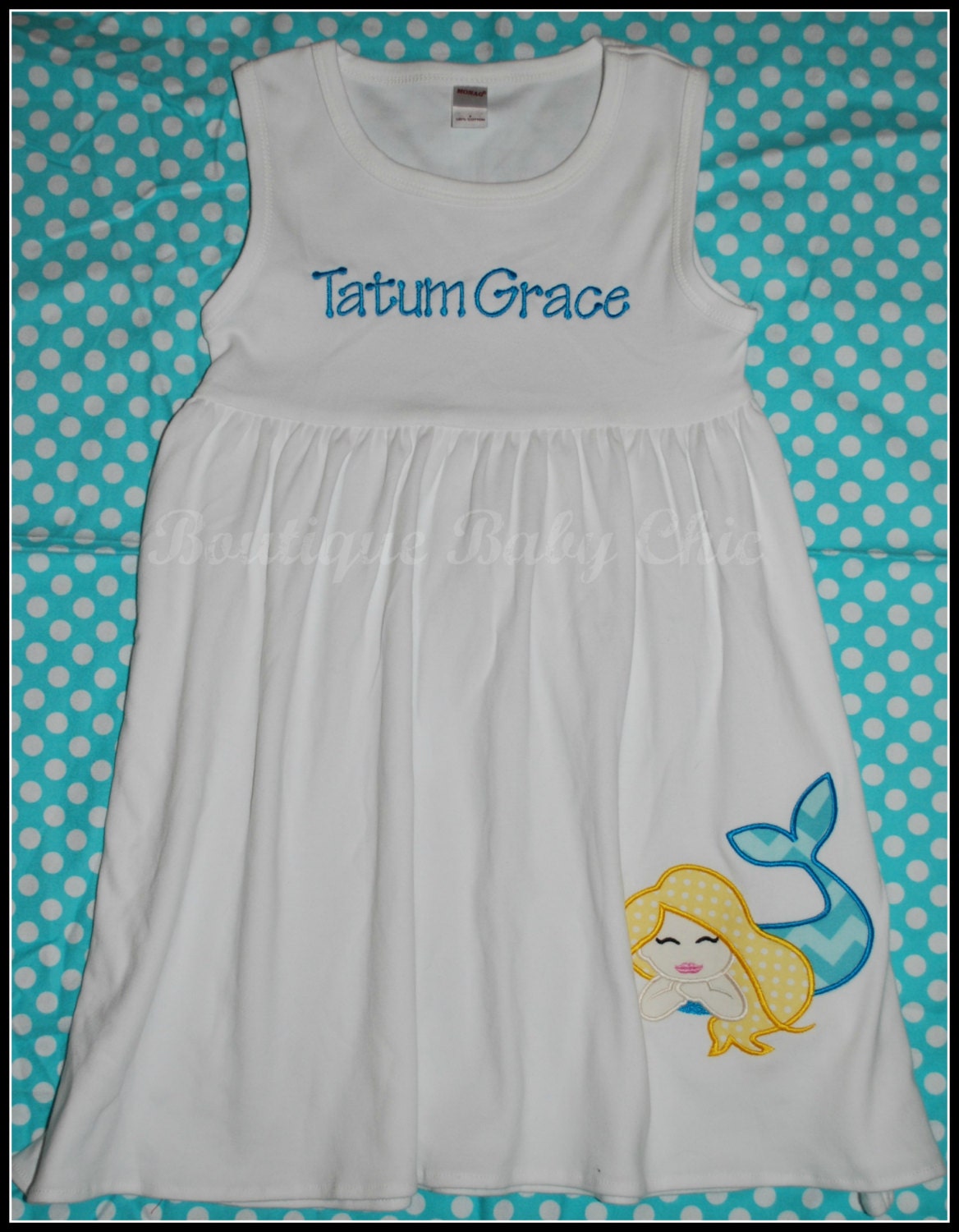 Toddler Empire Waist Dress with Mermaid Applique /Summer Beach Dress with Monogram / Personalized