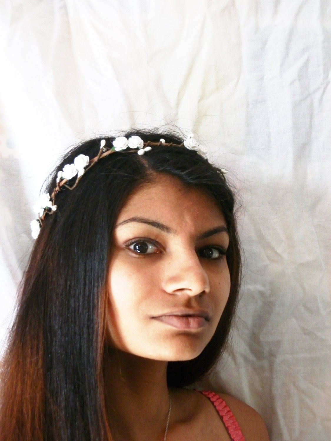 Tinkerbell's Woodland flower hair wreath ( white rose) - Wedding headpiece, headband, vintage inspired rose crown, pip berries