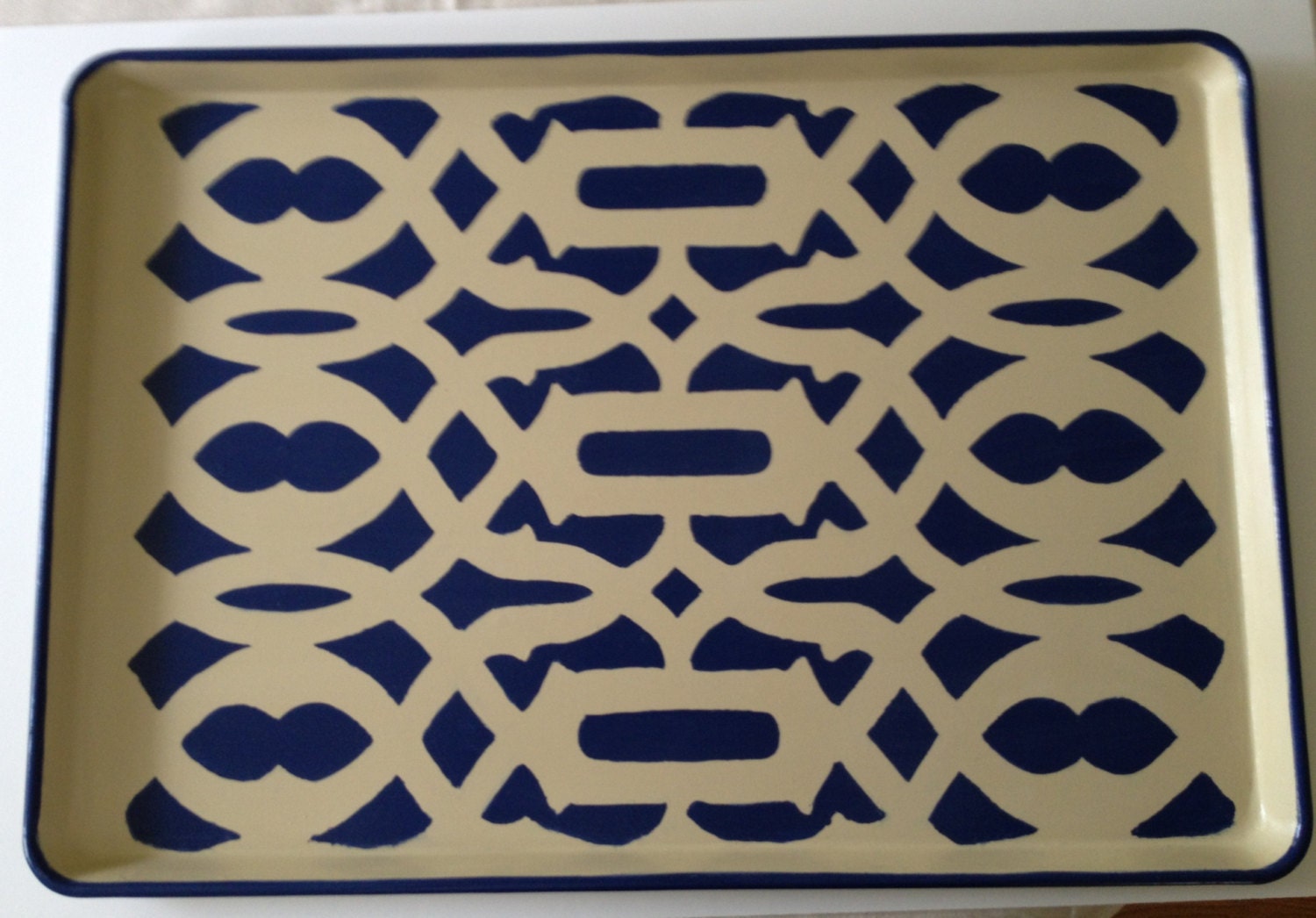 XL navy trellis khaki ottoman tray