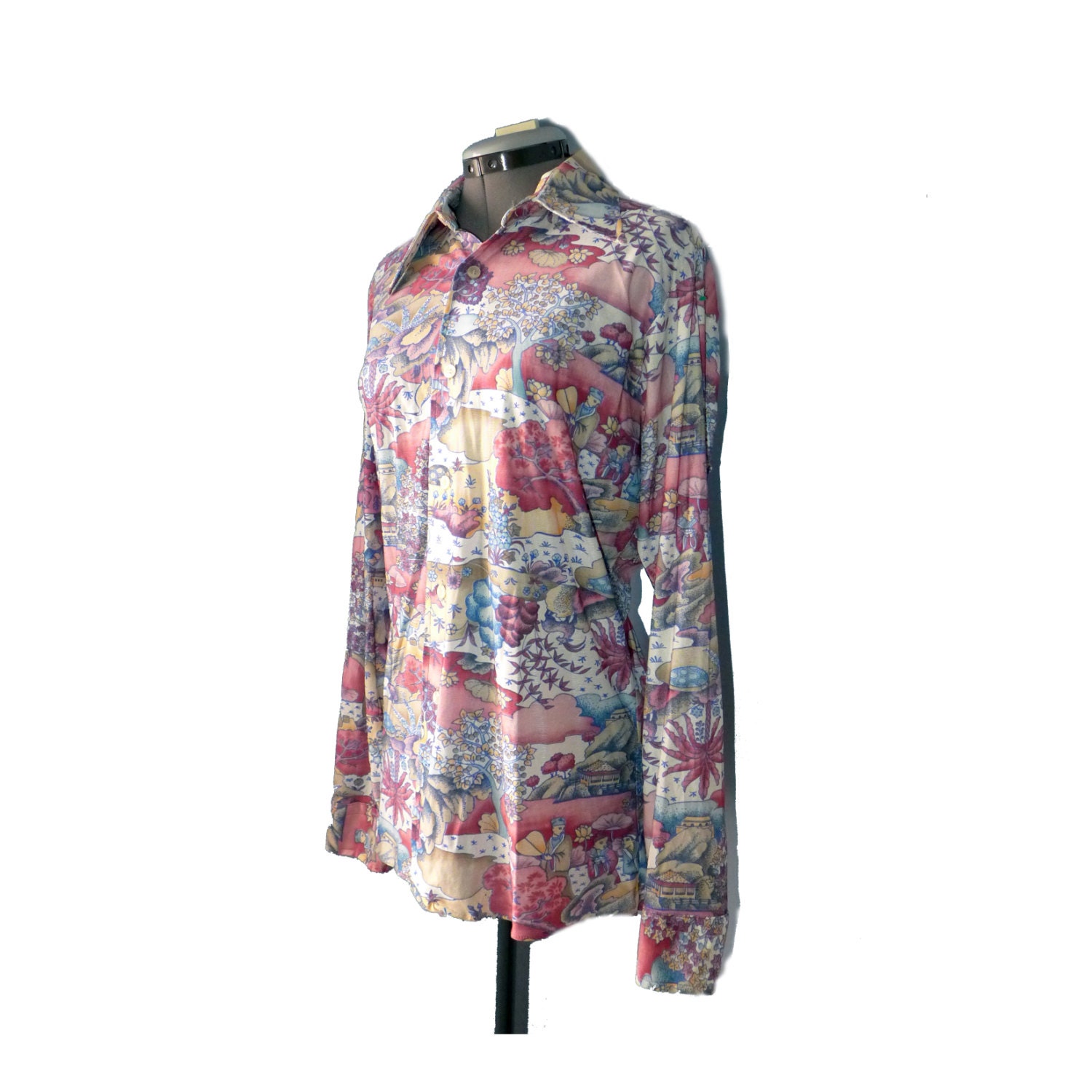 Asian inspired all-over print shirt - animals, people. tea, in pink and blue / yellow / gold L 12 ladies novelty