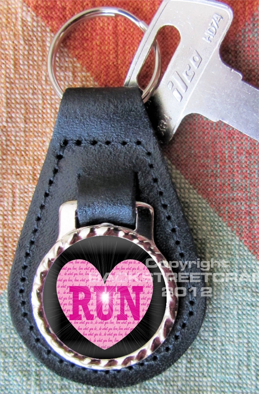 I LOVE RUNNING Run Genuine dyed black Leather Key Ring Fob Fathers Day  Graduation Christmas Under 15.00