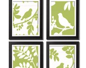 Unframed Vintage Modern Spring Bird on Branch  Art Print  - Set of Four 8x10 Print Featured in Green White