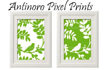 Set of Two Spring Bird  on Branch  (Green G3) Art Print (Series A) - 8x11 Print Green(G3) / White (Unframed)
