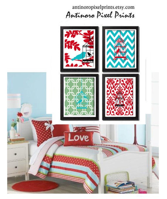 Childrens Bird Cage Modern Inspired Digital Art Prints Collection (Red Green White) -Set of (4) - 8 x 11 Prints - (UNFRAMED)