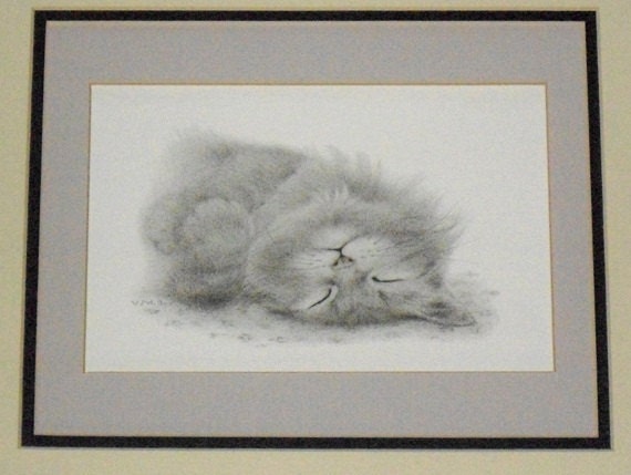 Vintage Cat Charcoal Drawing by Virginia Miller matted and gallery framed under glass