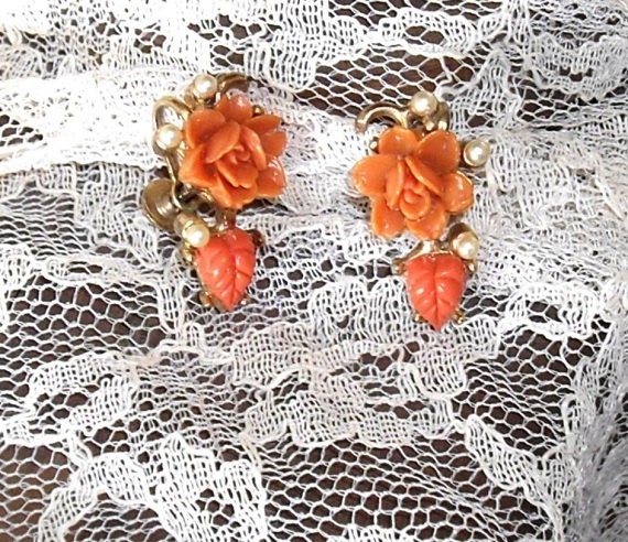 Vintage Celluloid Carved Coral Rose Earrings