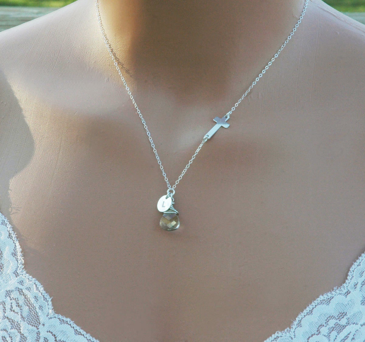 Sideways Cross Necklace, Hand Stamped Initial Necklace, Birthstone Necklace, Mothers Necklace, Christian, Catholic, Personalized Jewelry