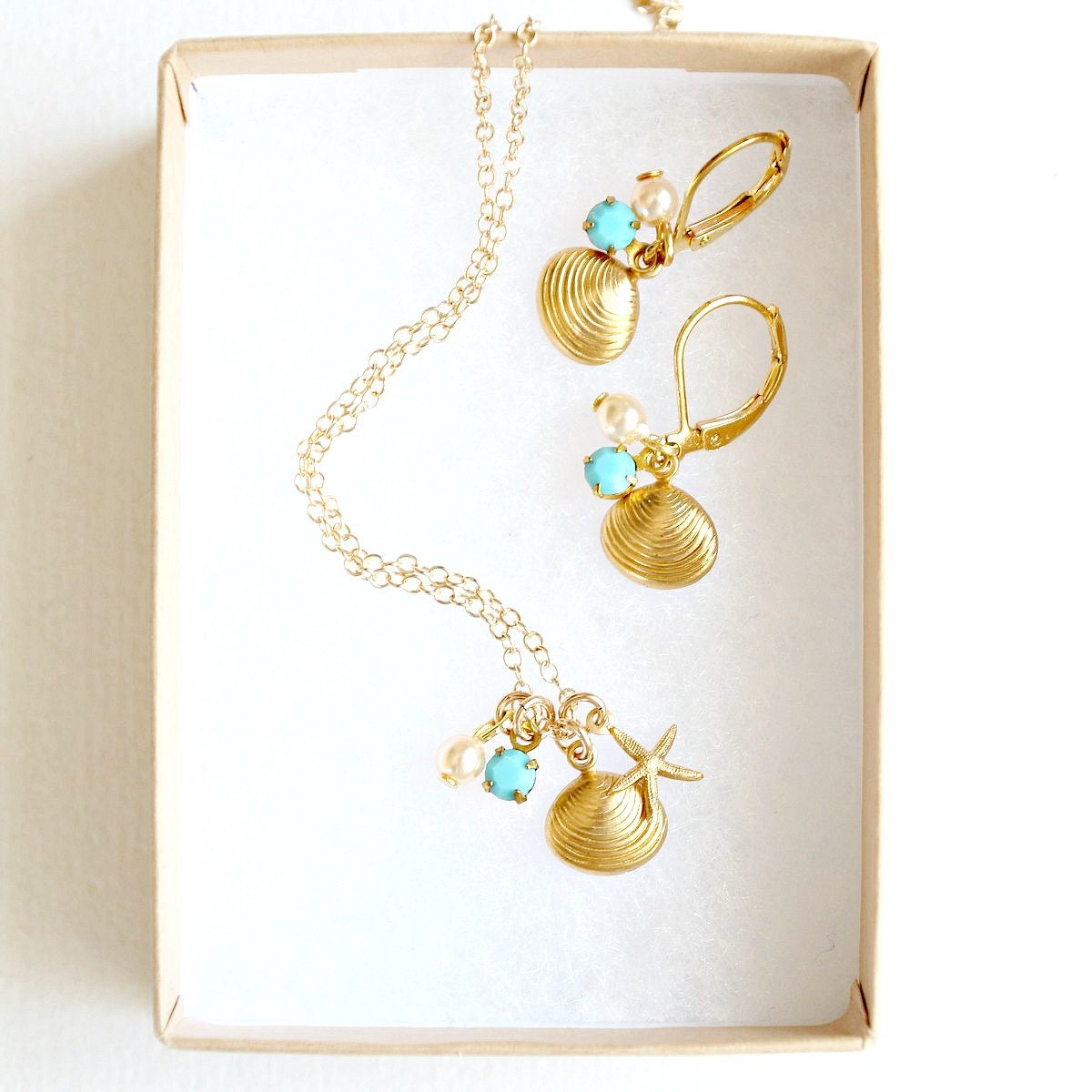 Four Bridesmaids Little Golden Seashell Charm Necklace and Earrings SET, Bridesmaids Gift Set, Bridesmaids jewelry