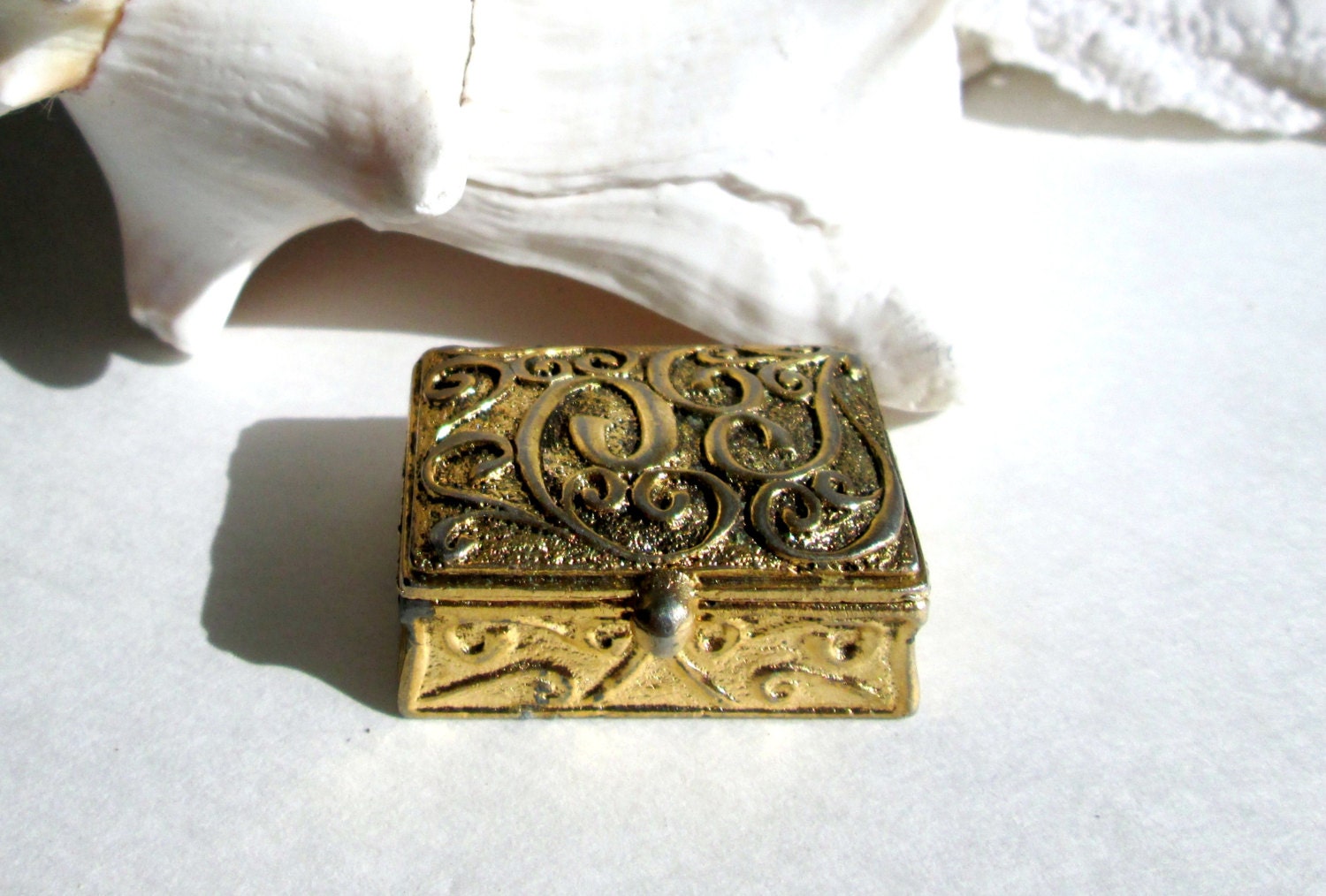 Goldtone Cream Sachet Perfume Casket Tiny Treasure Chest