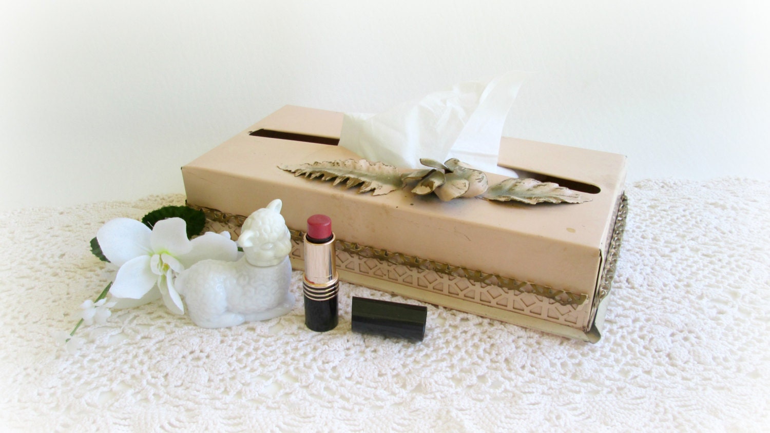 Vintage Tissue Box Wall Holder Metal Peach Pink Filigree and Gold Shabby Chic